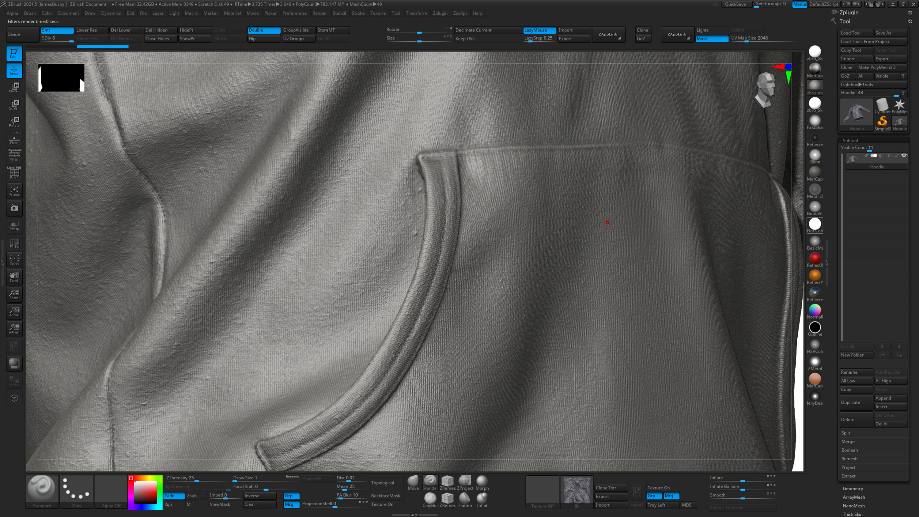 Wrinkles and folds in clothing 3d models sculpting